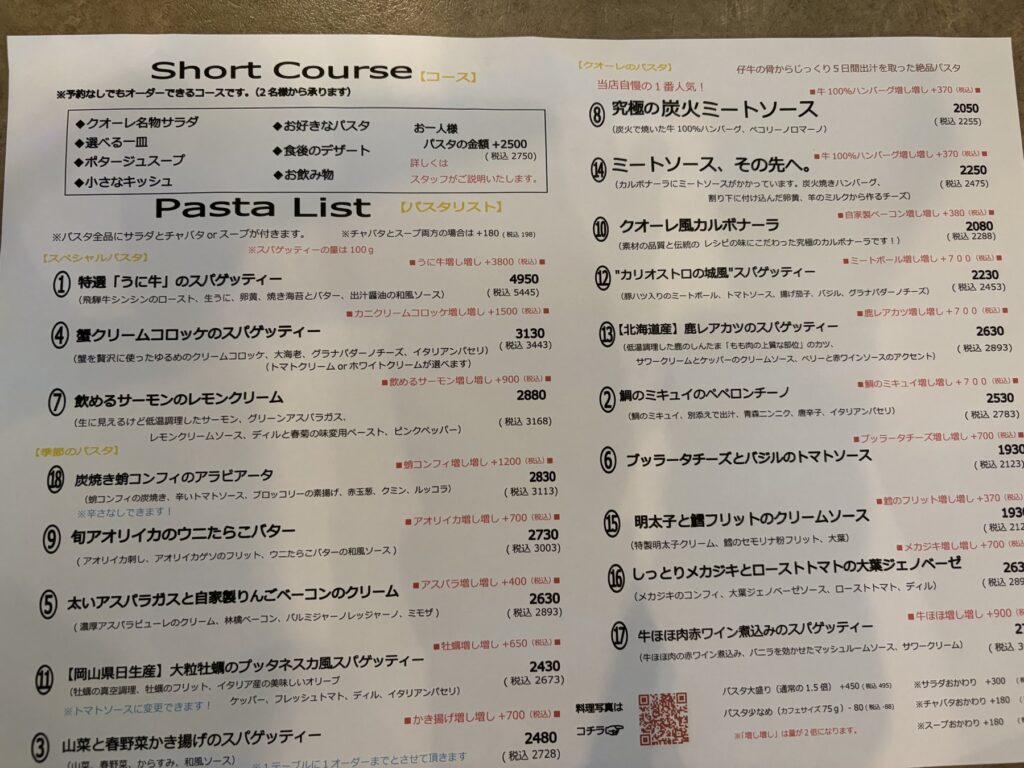 Pastaクオーレ パスタリスト