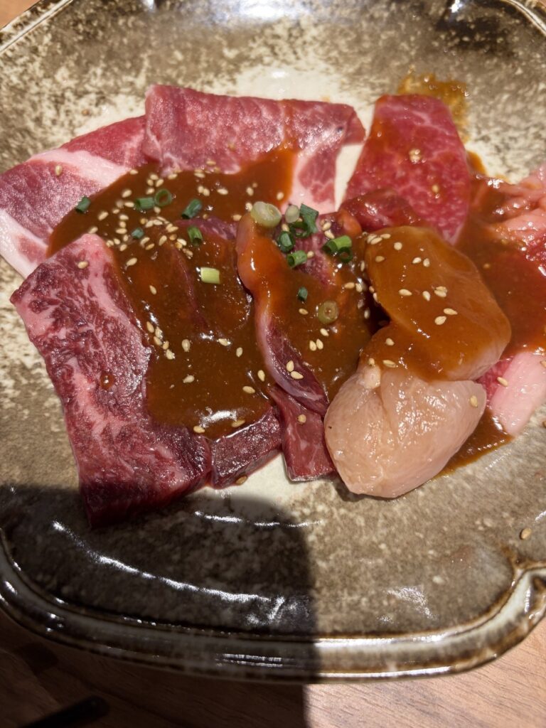 鹿児島4種盛り。白い肉が鹿児島名物のさつま若しゃも
