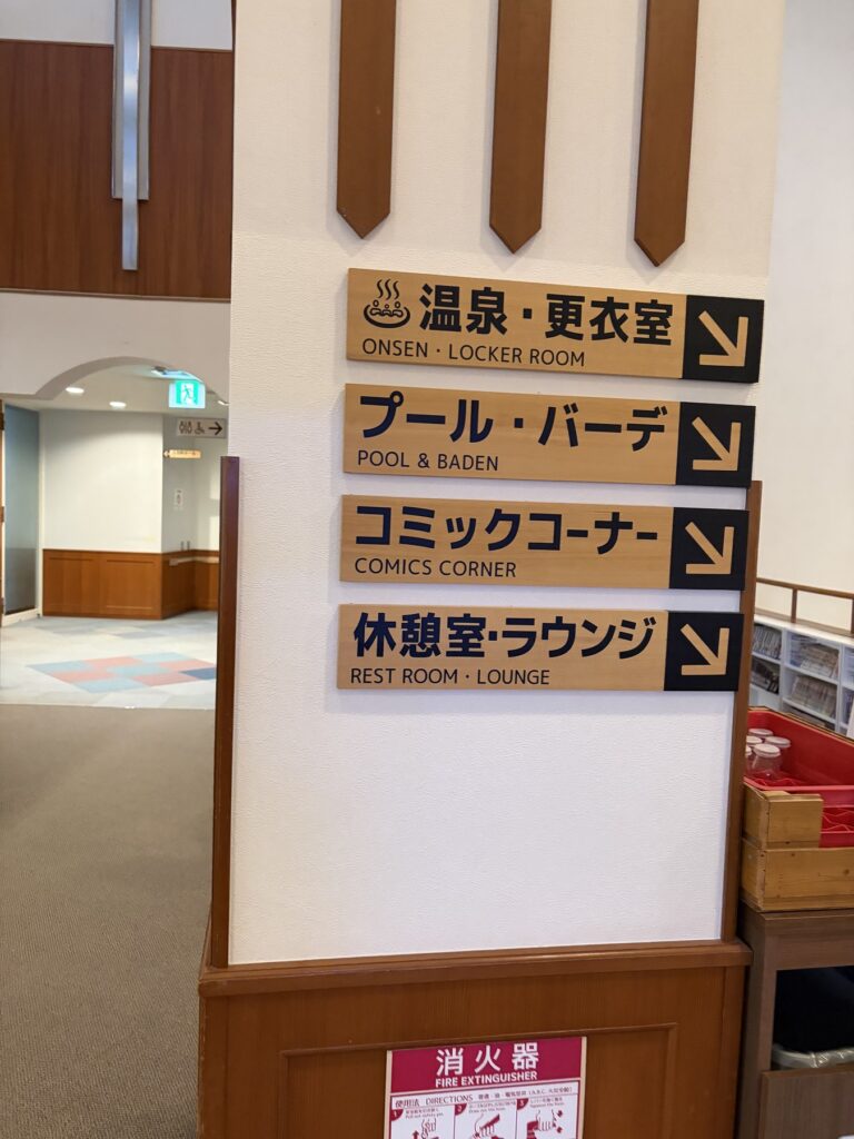 クアリゾート湯舟沢の館内案内サイン。温泉・更衣室、プール・バーデ、コミックコーナー、休憩室・ラウンジの案内